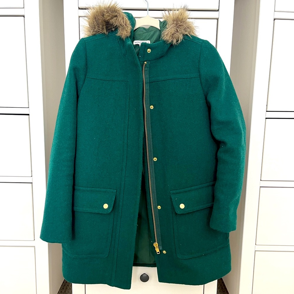 J.Crew Wool Blend Chateau Parka with faux fur hood. Green.Size 0 EUC